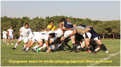 Congress Rugby Team in white playing against Qom Province Team