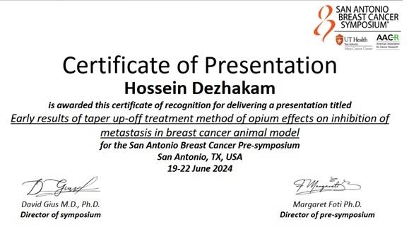 Mr. Hossein Dezhakam Presented an Article in the San Antonio Breast Cancer Pre-symposium 