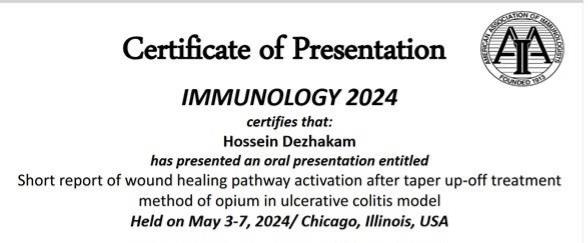 Mr. Hossein Dezhakam’s Certificate of Presentation in Immunology symposium, 2024, Illinois, USA